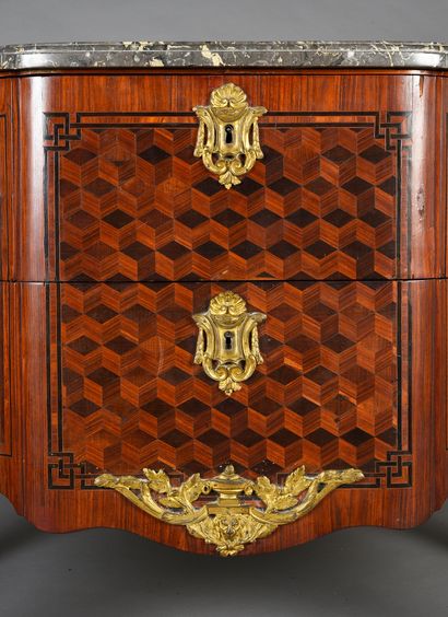 null Chest of drawers with central projection in marquetry of cubes in ebony net...