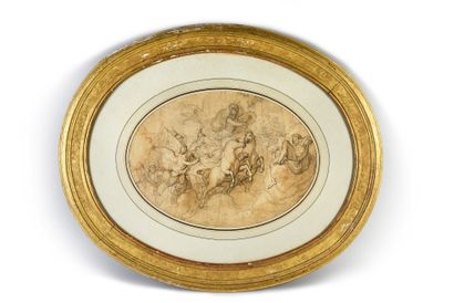 Antoine DIEU (1662 - 1727) 
Apothéose de Romulus : étude de plafond.
Lavis brun sur...