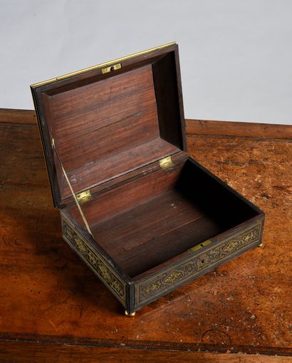 null Rare marquetry doucine box. Copper ball on an ebony base, the lid with a motif...