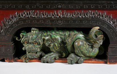 null Bench chest in blackened and black-stained wood with rich neo-Chinese decoration,...