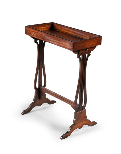 null Small mahogany working table, trough top, lyre base, it opens to a small drawer...