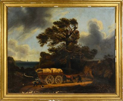 École française du XIXe siècle. 
Cart in the storm.
Canvas, accidents.
71 x 92 c...