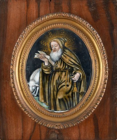 null Two oval-shaped plates in painted enamel from Limoges, one depicting Saint Anthony,...
