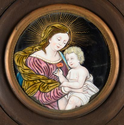 Pierre Nouailher (1652-1717) 
Médaillon en émail peint polychrome figurant une vierge...