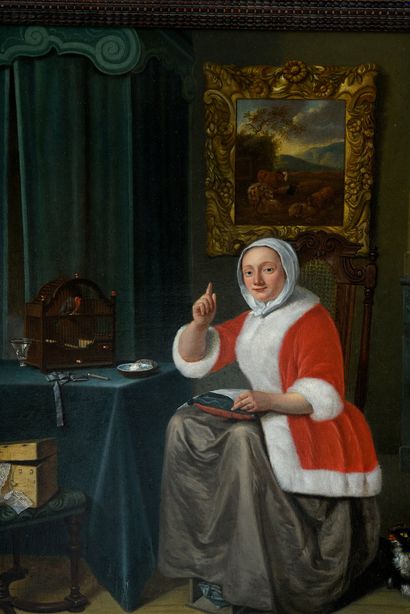 Attribué à Reinier de La HAYE (1640 - après 1695) 
Lady at her work.
Oak panel, a...
