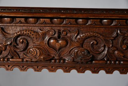 null Important carved oak table with floral scrolls and grotesque figures, the base...