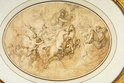 Antoine DIEU (1662 - 1727) 
Apothéose de Romulus : étude de plafond.
Lavis brun sur...
