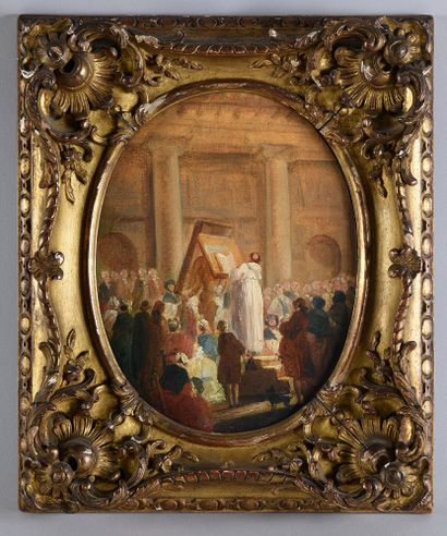 Pierre Antoine DEMACHY (1723- 1807) 
Une messe.
Papier ovale marouflé sur panneau.
21...