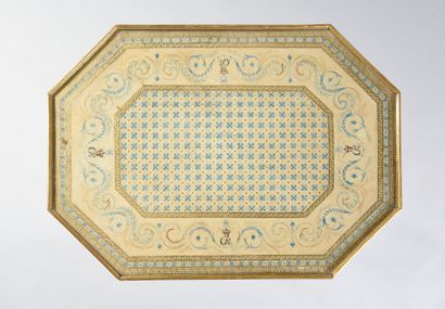 null Octagonal gilded wood coffee table with a top decorated with a frieze of polychrome...
