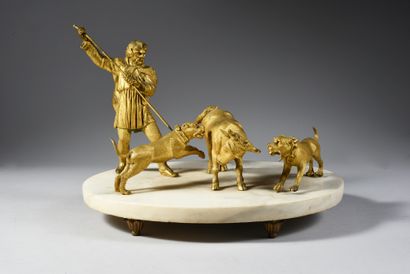D'après l'Antique 
La chasse au taureau.
Groupe en bronze ciselé et doré figurant...