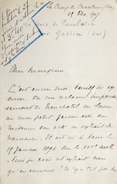 COUBERTIN, Pierre de. L.A.S. Cavalaire, 25 février 1907. 3 pp. in-8. Encre brune...