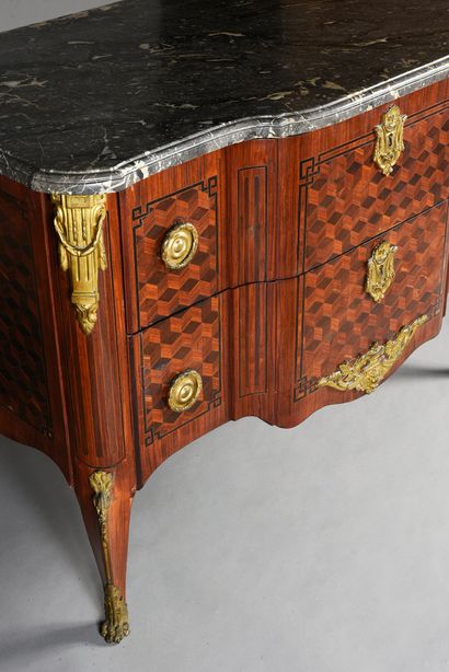 null Chest of drawers with central projection in marquetry of cubes in ebony net...