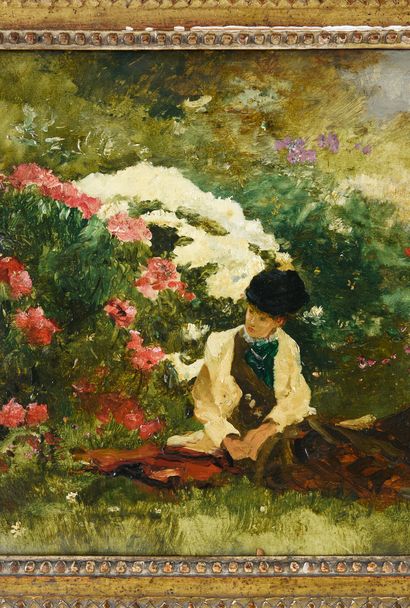 Ferdinand HEILBUTH (1826-1889) 
Young woman sitting near a flower bush
Oil on panel.
Signed...
