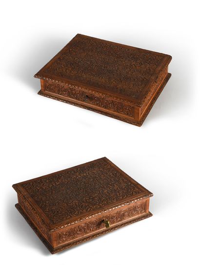 null Pair of wooden boxes known as Saint Lucia boxes, decorated with foliage scrolls...