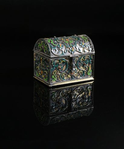 null Silver-gilt, filigree and enamelled silver box, the domed lid resting on four...