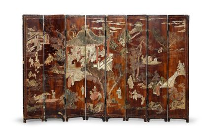 null Eight-leaf Coromandel lacquer screen with animated landscape decoration, the...