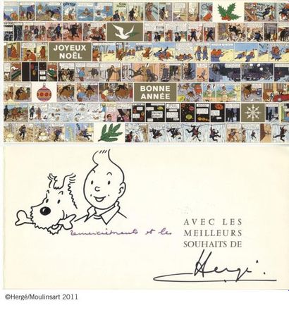 HERGÉ Carte de voeux 1974, signée et agrémenté d'un dessin représentant Tintin et...