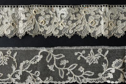 null Needle lace borders, Argentan and Burano, end of the XIXth century.
Two dark...
