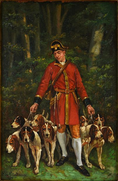 Charles Ferdinand de Condamy (1847-1913) 
Piqueux et ses chiens.
Toile.
37 x 24 cm.
Voir...