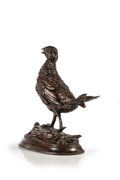 Edouard DELABRIERE (1829 - 1912) 
Perdrix surprise.
Bronze à patine brune, signé...