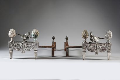 null Pair of silvered bronze andirons decorated with a pheasant couple.
Work in the...