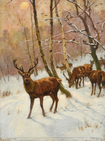 Georges Frédéric ROTIG (1873 - 1961) 
Etude de cerfs dans la neige.
Huile sur toile,...
