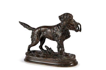 Edouard DELABRIERRE (1829 - 1912) 
Partridge hunting dog.
Bronze with brown patina,...