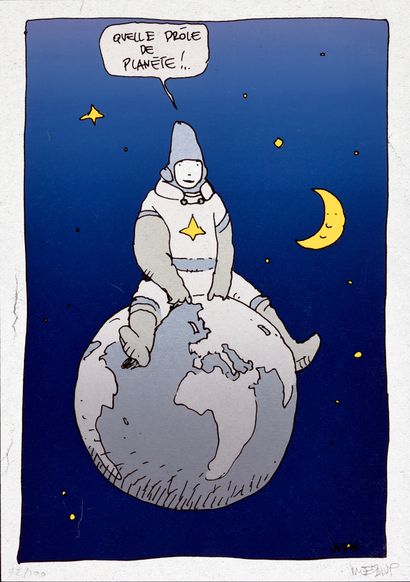 MOEBIUS What a funny planet! 
 Silkscreen in colours on cardboard paper representing...