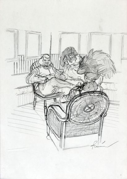 BONIN, Cyril (1969) Characters taking tea. Pencilled on paper.
Signed lower right.
Dimensions...