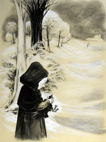 CRUCHAUDET CHLOÉ (1976) L'hiver, le chaperon au corbeau. Signé. Fusain et gouache...