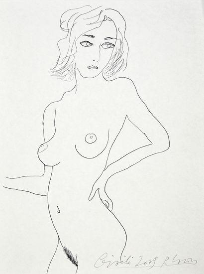 CARON, PHILIPPE (1942) Gisèle standing.
Ink on paper.
Dimensions: 32x24 cm. Drawing...