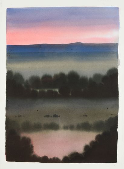 CAZO, Magali (1979) Bocage au soleil couchant.
Encre acrylique sur papier aquarelle....