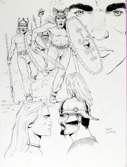 DELABY, Philippe (1961-2014) Illustration Gaulois chargeant et soldat romain. Crayon...
