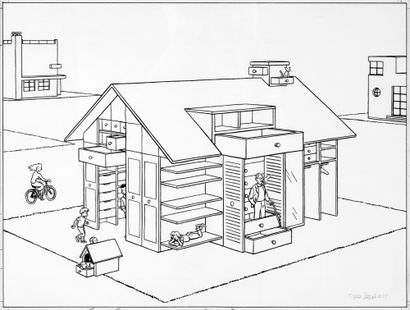 BENOIT, Ted (Thierry Benoit, dit 1947-2016) La maison en tiroirs.
Encre de Chine...