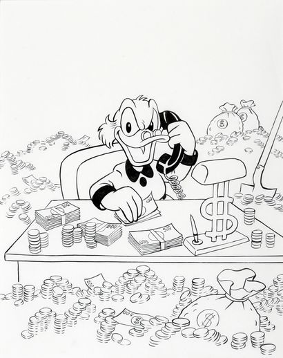 DISNEY (Studios) Cover project representing Scrooge at his office, on the phone,...