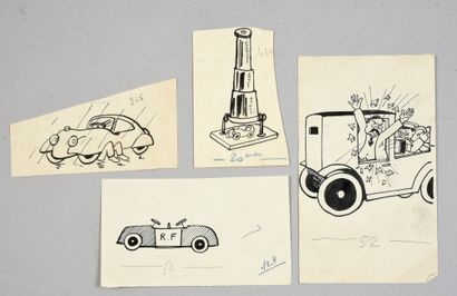 GUILLAC Henri (1888-1953) L'automobile.
Un ensemble quatre petites illustrations...