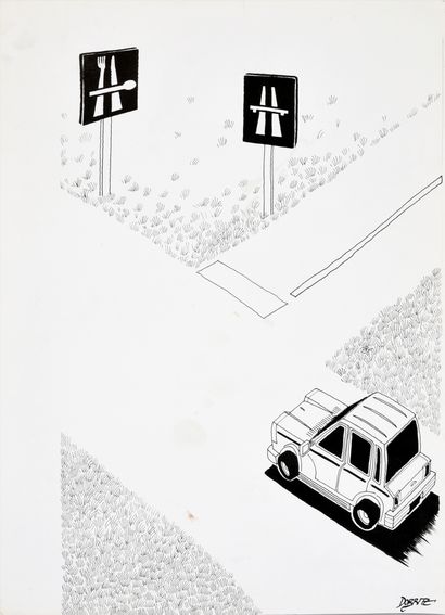 DOBRITZ, Jean (1956) Le croisement.
India ink for a press illustration published...