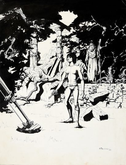 AUCLAIR, Claude (1943-1990) Science fiction illustration.
India ink on paper, signed...