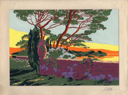 ATELIER ROBERT PICHON Jardin et Paysage Vers 1920.
Gouache sur papier contre collé....