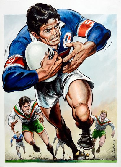 CHERET, André (1937-2020) RUGBY LEAGUE.
Superb sports illustration representing a...
