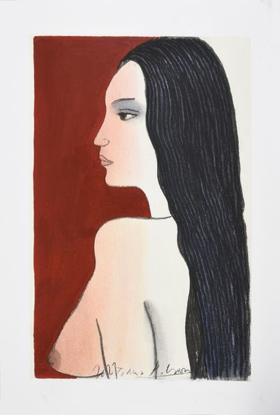 CARON, PHILIPPE (1942) Tiana sur fond rouge
Crayon, gouache et craie grasse sur papier.
Dimensions:...