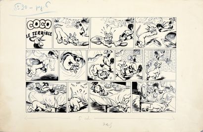 Ecole franco belge XXe siècle Coco Le Terrible. Planche de bande dessinée animalière,...