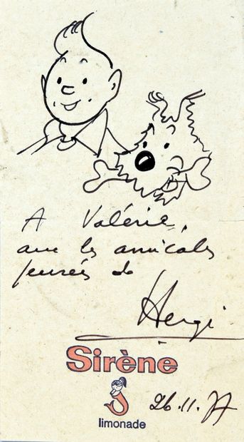 HERGÉ TINTIN ET MILOU.
Dédicace originale signée et datée de la main d'Hergé: «A...
