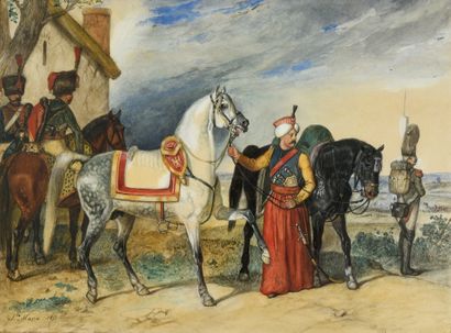 Alfred SAINTE-MARIE (1825-1890) Roustam Raza dit Roustan tenant le cheval de Napoléon....