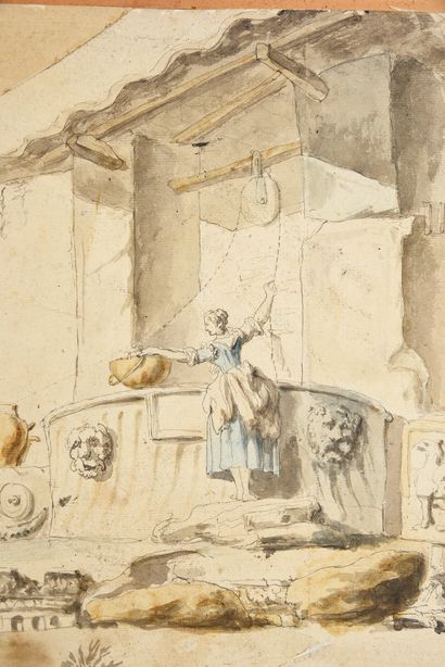 Ecole romaine, vers 1760 Caprice avec une lavandière puisant l'eau dans une fontaine...