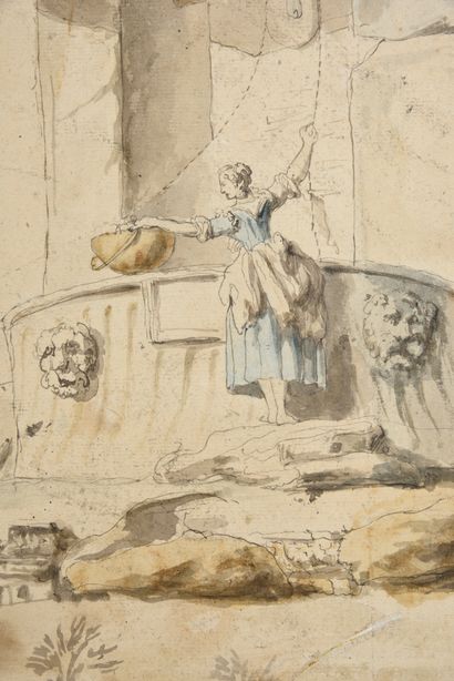 Ecole romaine, vers 1760 Caprice avec une lavandière puisant l'eau dans une fontaine...