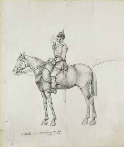 Edouard DETAILLE (1848-1912) Officier prussien, fumant la pipe, juché sur son cheval...