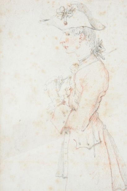 Carle VERNET (1758-1836) 
Portrait-charge d'un jeune homme en tricorne, de profil,...