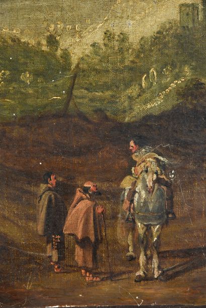 Attribué à Jan ASSELYN (1610-1652) Un cavalier demandant son chemin à deux moines...