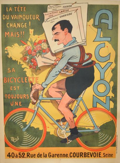 Mich (1881-1923). Affiche des cycles Alcyon. «La tête des vainqueurs change». Très...